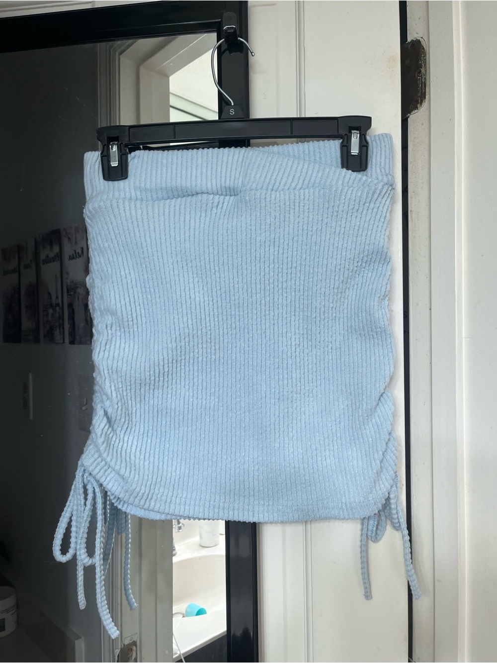 SHEIN Light Blue Ribbed Drawstring Mini Skirt
